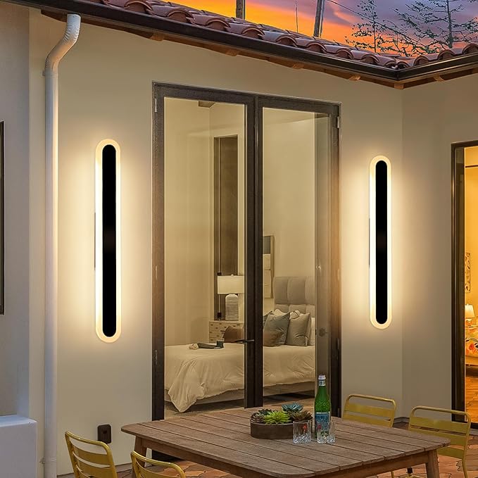 2 Pack Long Outdoor Porch Wall Light, 23.6inch Oval Modern LED Wall Sconce, IP65 Waterproof, 3000K Warm White, 24W, Exterior Linear Lighting Fixture for Patio, Yard, Garage, Balcony