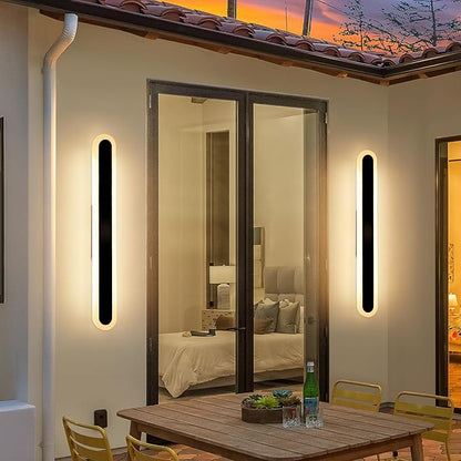 2 Pack Long Outdoor Porch Wall Light, 23.6inch Oval Modern LED Wall Sconce, IP65 Waterproof, 3000K Warm White, 24W, Exterior Linear Lighting Fixture for Patio, Yard, Garage, Balcony