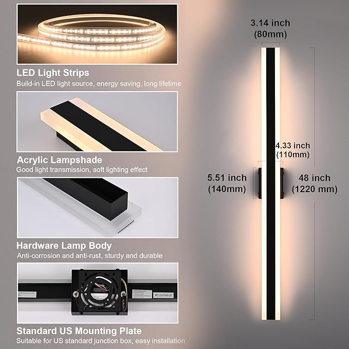 TODOLUZ 2-Pack 48-Inch LED Long Outdoor Wall Light Fixture, 35W IP65 Waterproof Exterior Linear Wall Mount Lighting, 5 Color Temperature Mode (3000K/3500K/4500K/5000K/6000K)