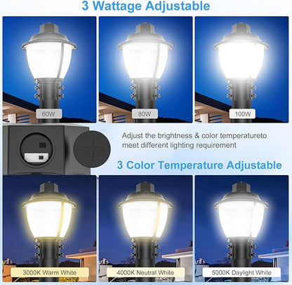 BBESTLED LED Post Top Light with Dusk to Dawn Photocell, ETL&DLC Listed 100W/80W/60W LED Pole Area Lights 5000K/4000K/3000K Outdoor Post Lights for Parking Lot Yard Garden, IP65 Waterproof AC100-277V