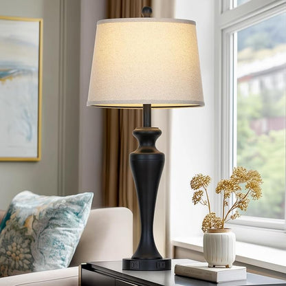 30 Inch Black Table Lamp Single, 3-Way Dimmable Touch Control Living Room Lamps with USB A+C Ports and AC Outlet, Tall Bedside Lamps for Nightstand, Modern Metal Bedroom Lamp, Bulb Included