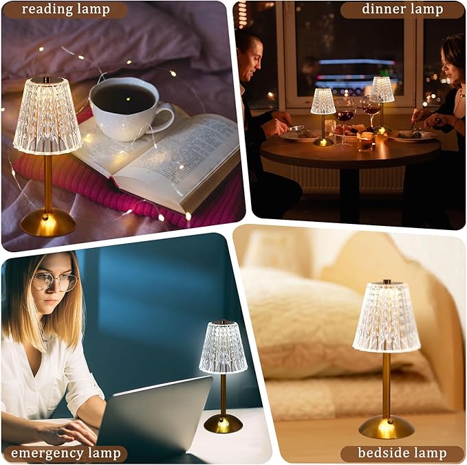 Liliful 8 Pcs Cordless Table Lamp Rechargeable Touch LED Small Gold Portable Battery Operated USB-c Desk Lamp 3 Color Dimmable for Bedroom Living Room Dining (Gold,Classic Style)