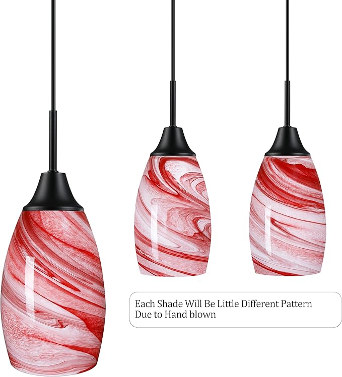 Mini Glass Pendant Light,3-Pack Handblown Burgundy Marble Art Glass Hanging Light 4.72" Oval Ceiling Hanging Light Fixture for Dining Room Kitchen Island Cafe Foyer Hallway