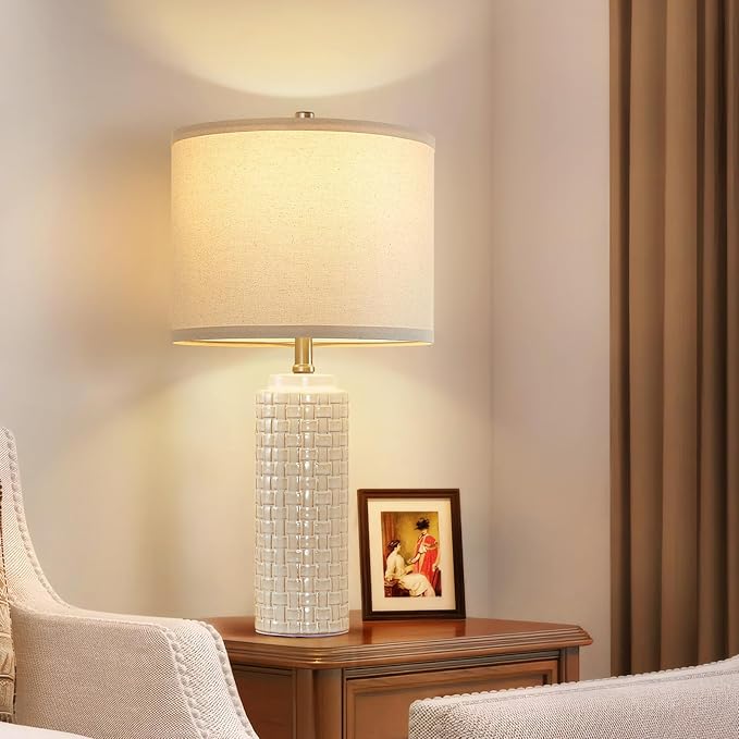 Luvkczc 24.8" Modern Ceramic Bedside Lamp Set of 2, Color Temperature&Bulbs Included - Farmhouse Nightstand Lamps for Living Room Bedroom End Table Office Entryway