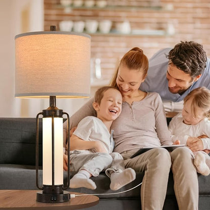 Farmhouse Lamps for Living Room Vintage Bedroom Nightstand Table LampRustic Bedside Lamp Lamps Set of 2 Rocker Switch & USB A+C Charging Ports & AC Outlet,Built-In Frosted Glass Night Light