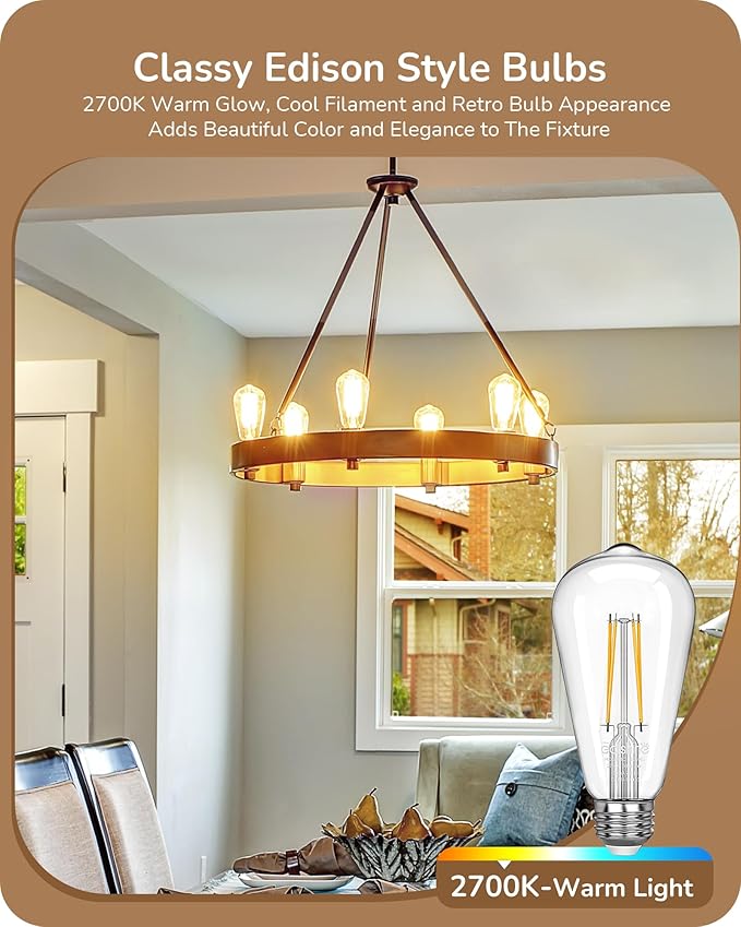 EDISHINE 6 Pack Vintage LED Edison Bulbs 8W Equivalent 60W, ST64 Dimmable Led Light Bulbs, 700LM 2700K Warm White Light E26 Base, Decorative Antique LED Filament Bulbs for Home and Commercial
