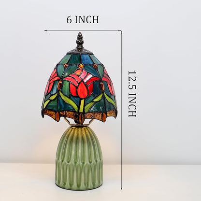 Tiffany Lamp Stained Glass Mushroom Table Lamps 6X6X12.5 Inch Blue Red Tulips Style Small Night Light Ceramic Base Mini Accent Desk Light Suitable for Bedside Table Bedroom Children Room