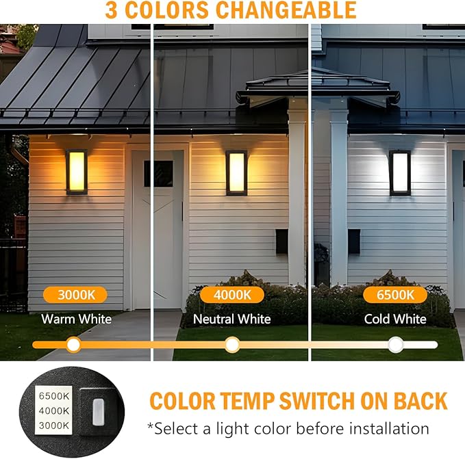 wowlite Exterior Lighting Fixtures 1 Pack, 12W Outdoor Wall Lights 3000k 4000k 6500k 3 Colors Changeable, Modern Outdoor Light Fixture Aluminum LED Front Porch Light for House Patio Front Door