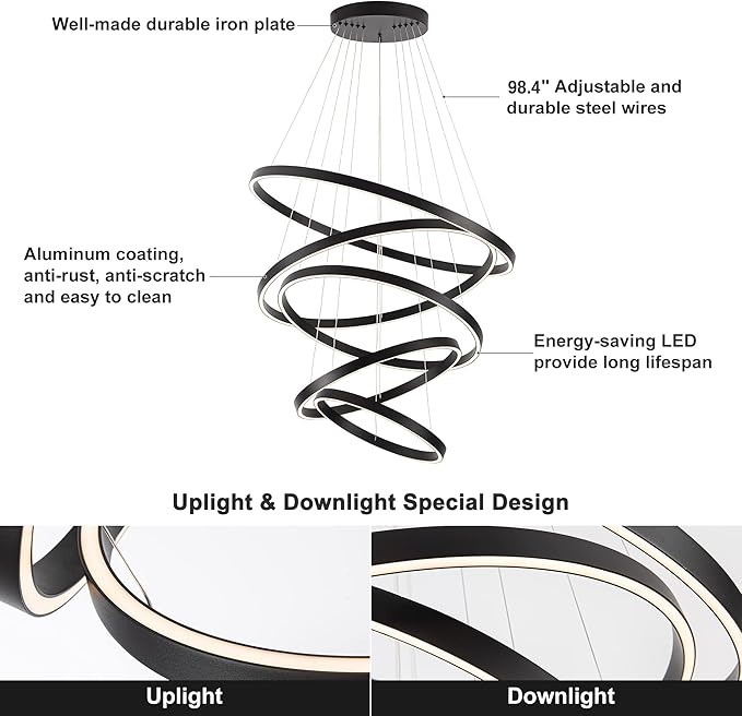 Elegant 5-Rings Black Modern LED Chandelier – Fully Dimmable High Ceiling Pendant Light for Dining Room, Living Room, Foyer & Staircase (Warm White 3000K, Adjustable Size 15.7"-31.4")