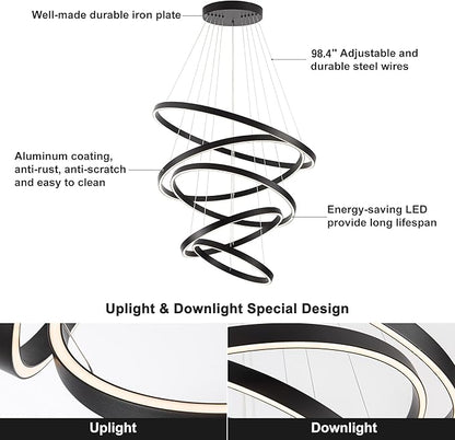 Elegant 5-Rings Black Modern LED Chandelier – Fully Dimmable High Ceiling Pendant Light for Dining Room, Living Room, Foyer & Staircase (Warm White 3000K, Adjustable Size 15.7"-31.4")