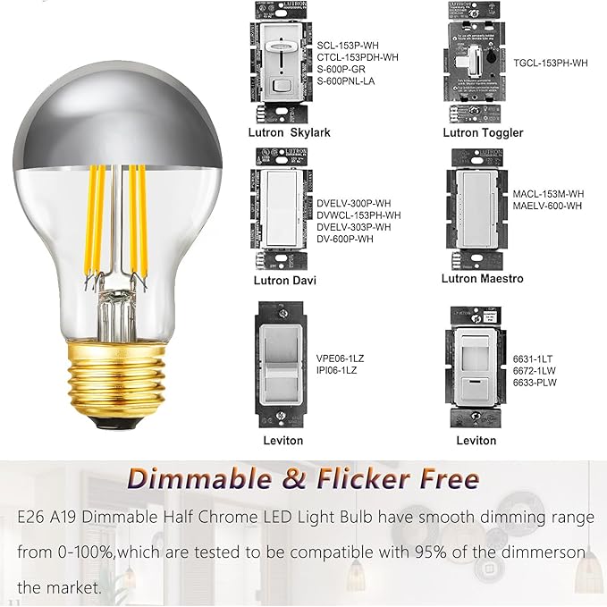 Half Chrome Light Bulb 6W (60 Watt Equivalent), Dimmable A19 2700K Warm White Decorative LED Edison Bulb, E26 Silver Tipped Light Bulb,A60,AC120V, Pack of 4