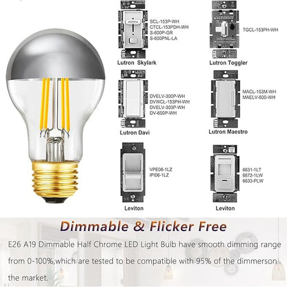 Half Chrome Light Bulb 6W (60 Watt Equivalent), Dimmable A19 2700K Warm White Decorative LED Edison Bulb, E26 Silver Tipped Light Bulb,A60,AC120V, Pack of 4