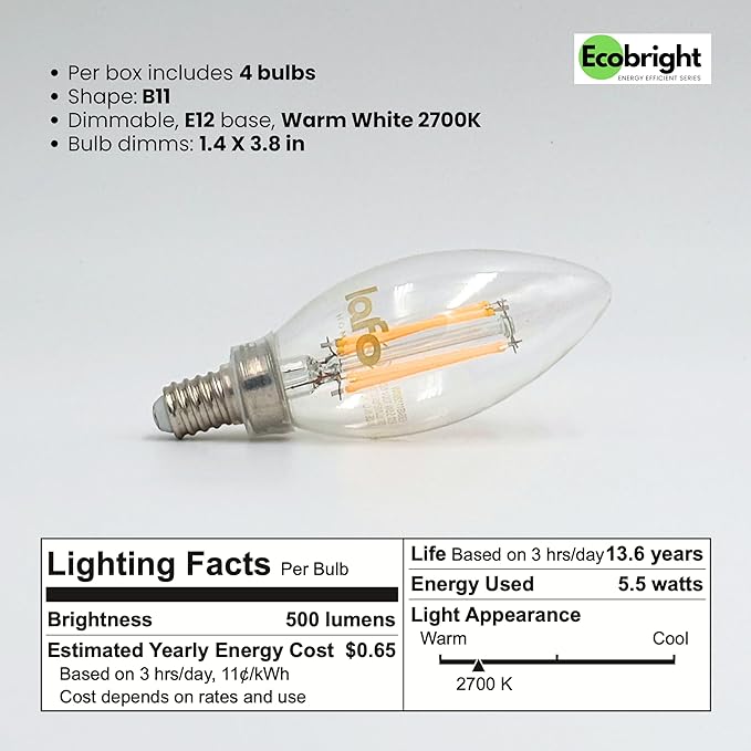 EcoBright Dimmable LED Candelabra Light Bulbs, B11 Chandelier Bulbs 60W Equivalent E12 Base, 2700K Warm White, CRI90, High Color Accuracy, Flicker Free, ETL and FCC Certified 8 Pack