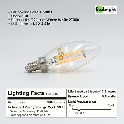 EcoBright Dimmable LED Candelabra Light Bulbs, B11 Chandelier Bulbs 60W Equivalent E12 Base, 2700K Warm White, CRI90, High Color Accuracy, Flicker Free, ETL and FCC Certified 8 Pack