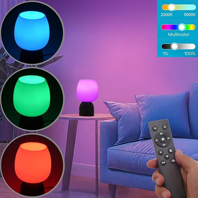 Small RGB Table Lamp for Bedroom, Remote Control Color Changing Desk Lights, with White Opal Glass Lamp Shade, for Living Room Nightstand,Black Wood