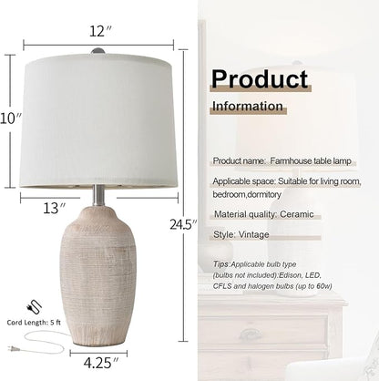 24 inch Vintage Ceramic Table Lamp - Single Farmhouse Rustic Bedside Lamp with Natural Textured Finish, Nightstand Lamps for Living Room, Bedroom, End Table Beige