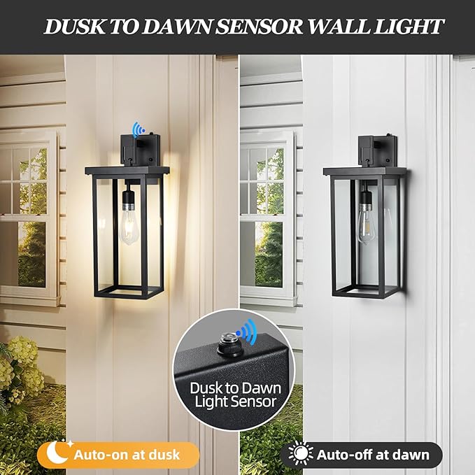 Dusk to Dawn Sensor Outdoor Wall Mount Light Fixture,20" Large Outdoor Wall Lights Exterior Front Porch Light，Black Exterior Sconce with E26 Socket，Waterproof Outside Lights for House 1 Pack