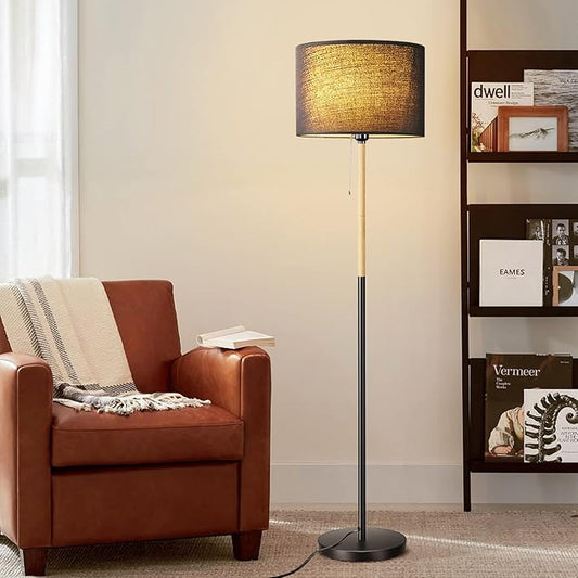 Modern Floor Lamp for Living Room Traditional Farmhouse Floor Lamps Mid-Century Pole Lamp with Linen Lamp Shade, Standing Tall Floor Lamps for Bedrooms and Office (Black)