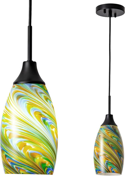 Mini Glass Pendant Light 4.72" Colorful Pattern Oval Pendant Lights 1-Pack Handblown Art Glass Hanging Pendant Light for Kitchen Island Dining Room Living Hallway Matte Black Metal