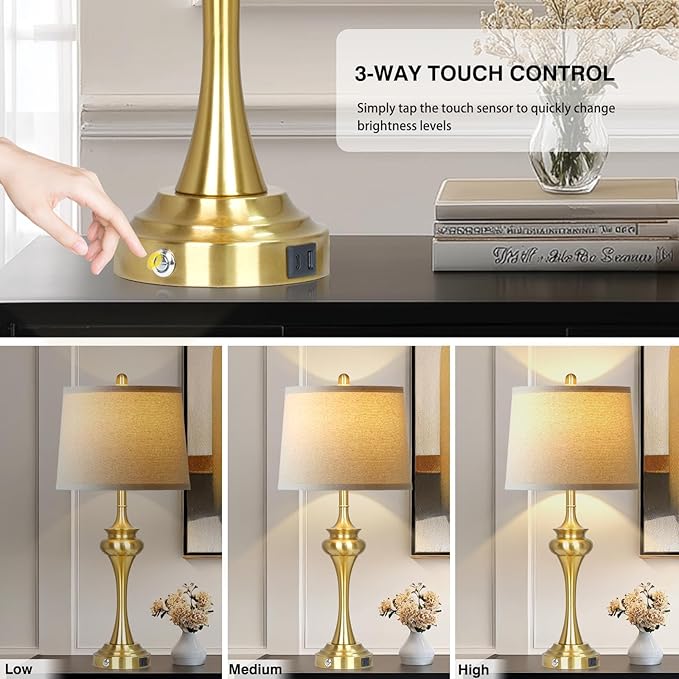 30 Inch Single Table Lamp for Bedside, 3-Way Touch Control Bedroom Table Lamp with USB A+C Ports, Tall Living Room Lamps for End Table, Modern Brass Lamps for Nightstand Desk Office, Gold