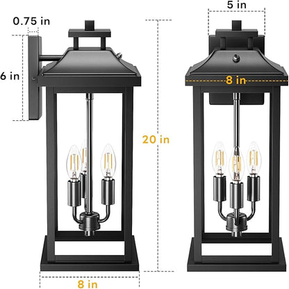20" Large Dusk to Dawn Exterior Wall Light Fixture 3-Light, Black Outdoor Porch Lantern Wall Mounted, Waterproof Modern Outside Wall Sconce Garage Patio Coach Lamp for House, E12