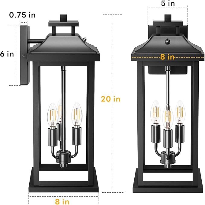 20" Large Dusk to Dawn Outdoor Lights 3-Light, 2 Pack Black Modern Exterior Lighting Fixtures Photocell Sensor Outside Porch Lights Wall Mount, Waterproof Patio Exterior Sconce Lamps E12