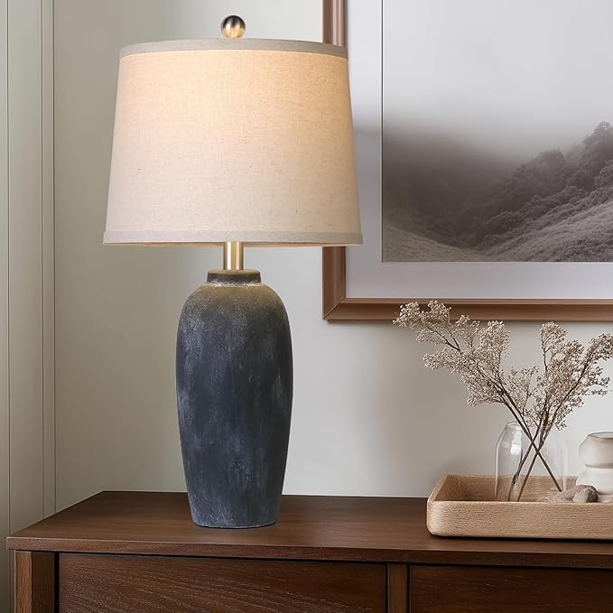 25“ Jar Table Lamps Set of 2, Ceramic Bedside Lamps for Bedroom, Black Farmhouse Nightstand Lamps for Living Room