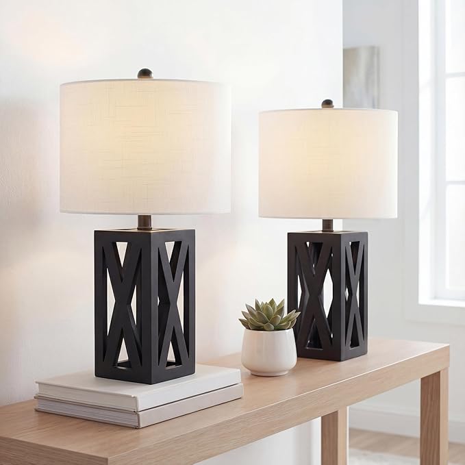 JONATHAN Y JYL1062C-SET2 Stewart 21.5" Wood LED Table Lamp Farmhouse, French Country, Rustic, Bohemian, Bedroom, Living Room, Office, College, Bookcase, Black (Set of 2)