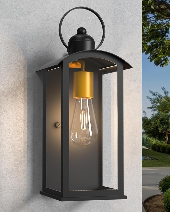 Dusk to Dawn Outdoor Wall Light Fixtures, 15inch Waterproof Patio Lanterns, Exterior Wall Mount Lantern Sconce with Glass, Black Wall Sconces for House Garage Front Door