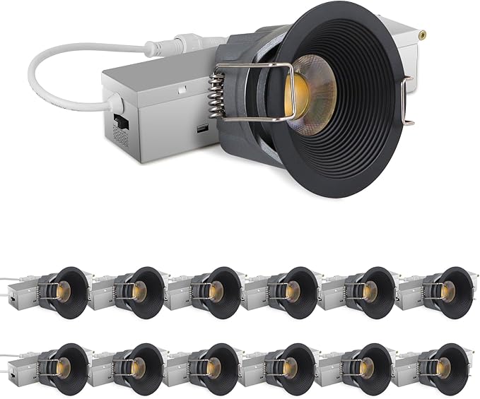 Adetu 2 Inch 5CCT Black LED Recessed Ceiling Light with Junction Box, 2700K/3000K/4000K/5000K Selectable, CRI90, 8W COB, 780LM, Dimmable Canless IP65 Waferproof Downlight-ETL&FCC (Black, 12 Packs)