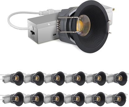 Adetu 2 Inch 5CCT Black LED Recessed Ceiling Light with Junction Box, 2700K/3000K/4000K/5000K Selectable, CRI90, 8W COB, 780LM, Dimmable Canless IP65 Waferproof Downlight-ETL&FCC (Black, 12 Packs)