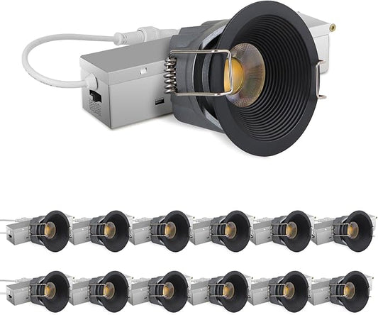 Adetu 2 Inch 5CCT Black LED Recessed Ceiling Light with Junction Box, 2700K/3000K/4000K/5000K Selectable, CRI90, 8W COB, 780LM, Dimmable Canless IP65 Waferproof Downlight-ETL&FCC (Black, 12 Packs)