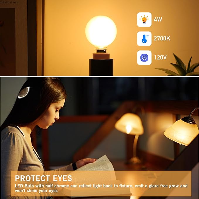 G16.5 LED Light Bulb 40w Equal 4W Type G Bulb,Dimmable Frosted E12 Globe Bulb,Round Candelabra Light Bulbs for Chandelier,Bathroom Vanity,Pendant,Warm White 2700K 400LM,Pack of 6