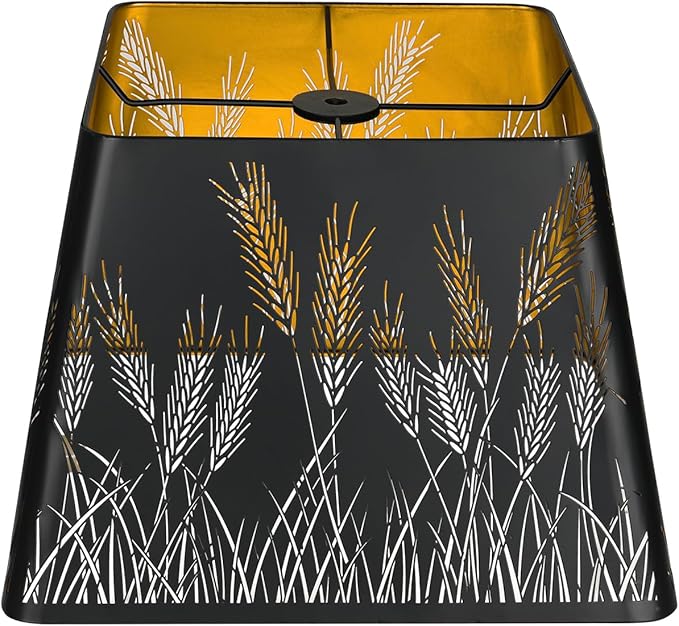 Medium Square Lamp Shades, ALUCSET Metal Lampshade with Pattern of Wheatear for Table Lamp and Floor Light, 9 x 12 x 8.8 Inch, Spider (Black/Gold)