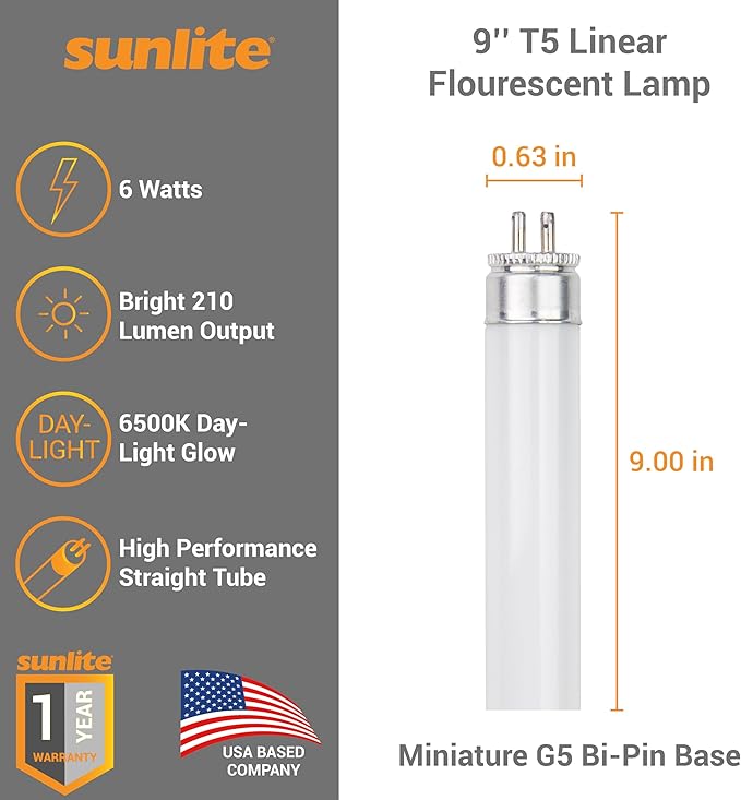 Sunlite 9-Inch F6T5/DL T5 Linear Fluorescent Lamp, 6 Watts, 210 Lumens, 6500K Daylight, Miniature G5 Bi-Pin Base, ROHS Compliant, High Performance Straight Tube, 10 Pack