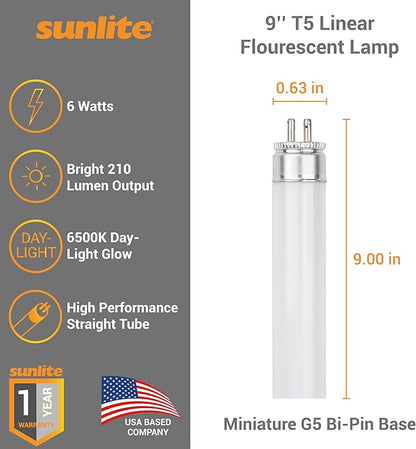 Sunlite 9-Inch F6T5/DL T5 Linear Fluorescent Lamp, 6 Watts, 210 Lumens, 6500K Daylight, Miniature G5 Bi-Pin Base, ROHS Compliant, High Performance Straight Tube, 10 Pack