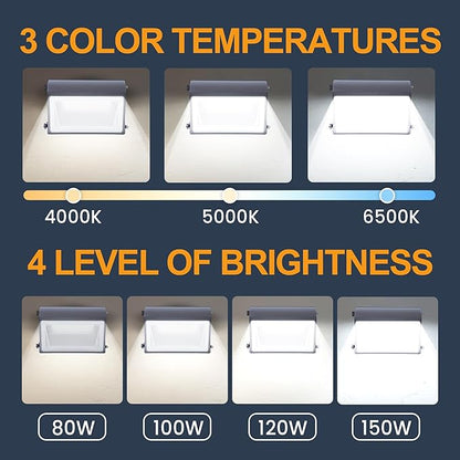 150W LED Wall Pack Light with Photocell 6Pack, 4000/5000/6500K 3CCT, 80/100/120/150W Selectable, Commercial Security Flood Lighting Outdoor Wall Lights for Parking Lot Building Warehouse, ETL Listed
