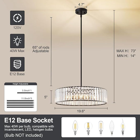 Modern Blcak Semi Flush Mount Ceiling Light, Crystal Dining Room Chandelier Light Fixture, 6-Light Drum Lighting Fixtures for Foyer Kitchen Living Room Bedroom (19.6 inch)