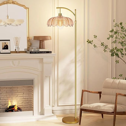Vintage Floor Lamps for Living Room Glass Floor Lamp with Remote Control & 3 Color Temperature,Dimmable Floor Lamp Gold Mid Century Modern Standing Lamp Brass Tall Floor Lamps for Bedroom Corner