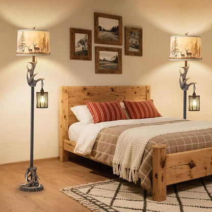 Rustic Deer Antlers Floor Lamps with Forest-Style Nightlight Finish Shade Lamps, Vintage Farmhouse Antlers Floor Lamp for Living Room Bedroom Office Study House (Bulbs Included)