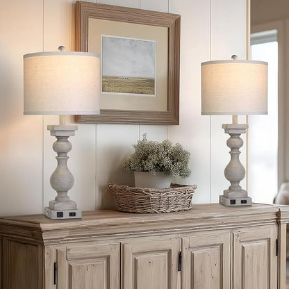 28" Tall Farmhouse Table Lamps Set of 2 with USB C+A Ports and AC Outlet, 3 Way Touch Tall Rustic Bedside Lamps for Living Room, Grey Vintage Lamps for Bedroom