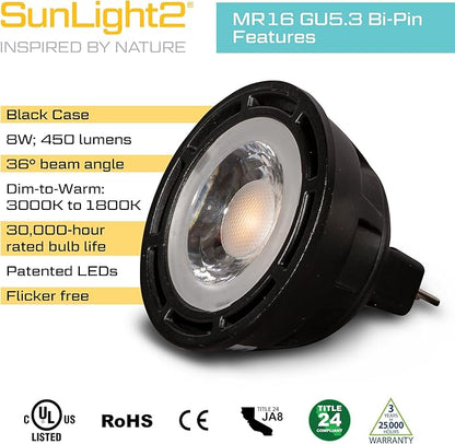 SunLight2® Premium Edition | MR16 LED Bulb 7W | 12V AC | 3000K to 1800K Dim to Warm | CRI 94+ | 36° Beam Angle Spotlight | Black Finish | 4 Pack | Energy Efficient Flicker Free
