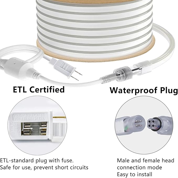 65.6FT LED Neon Rope Light, Connectable & Cuttable 6000K Daylight Neon Lights, IP65 Waterproof Indoor/Outdoor Rope Lighting for Home & Commercial Use, ETL Listed 120V, Uniform Glow