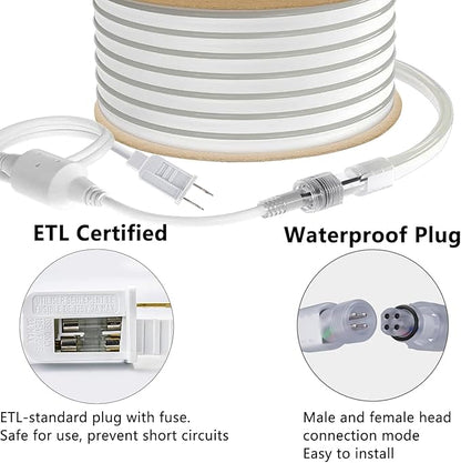 65.6FT LED Neon Rope Light, Connectable & Cuttable 6000K Daylight Neon Lights, IP65 Waterproof Indoor/Outdoor Rope Lighting for Home & Commercial Use, ETL Listed 120V, Uniform Glow