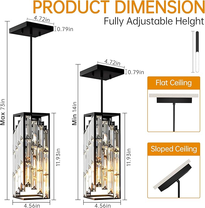 Black Pendant Lights Kitchen Island 3 Pack, Mini Crystal Chandeliers, Modern Pendant Lights Ceiling Lighting Fixtures for Kitchen Island, Dinning Room, Bedroom