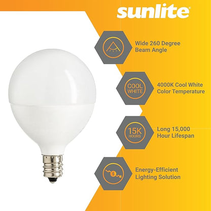 Sunlite G16.5 Light Bulb LED, 5W (40W Equiv.), 350 Lumens, Dimmable, Type G Globe Shape E12 Candelabra Base, Short Bulbs, Vanity Mirror Bulbs, 4000K Cool White, Frosted, 6 Count