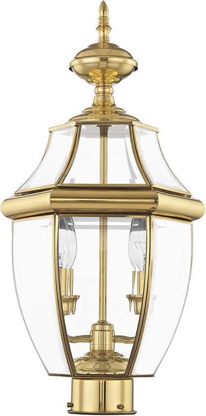 Livex Lighting 2254-02 Monterey 2 Light Outdoor Polished Brass Finish Solid Brass Post Head with Clear Beveled Glass