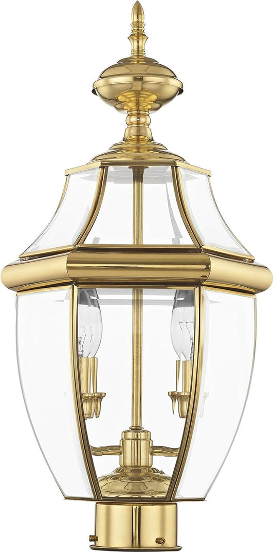 Livex Lighting 2254-02 Monterey 2 Light Outdoor Polished Brass Finish Solid Brass Post Head with Clear Beveled Glass