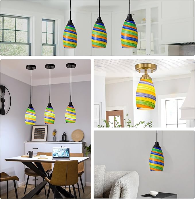 Glass Pendant Lamp Shade 4.72" Rainbow Art Glass chandeliers Cover Mini Oval Light Shade Replacement Shade Only Light Fixtures for Kitchen Island Dining Room,Living,Foyer,Hallway, Entry 1-Pack