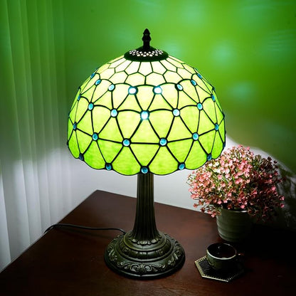 Green Tiffany Lamp For Bedrooms Bedside Stained Glass Table Lamp Farmhouse Lamps Night Stands Retro Traditional Nightstand Desk Decor Blue Beads Side Living Room End Desk Reding Lighting 12x12x19 Inch